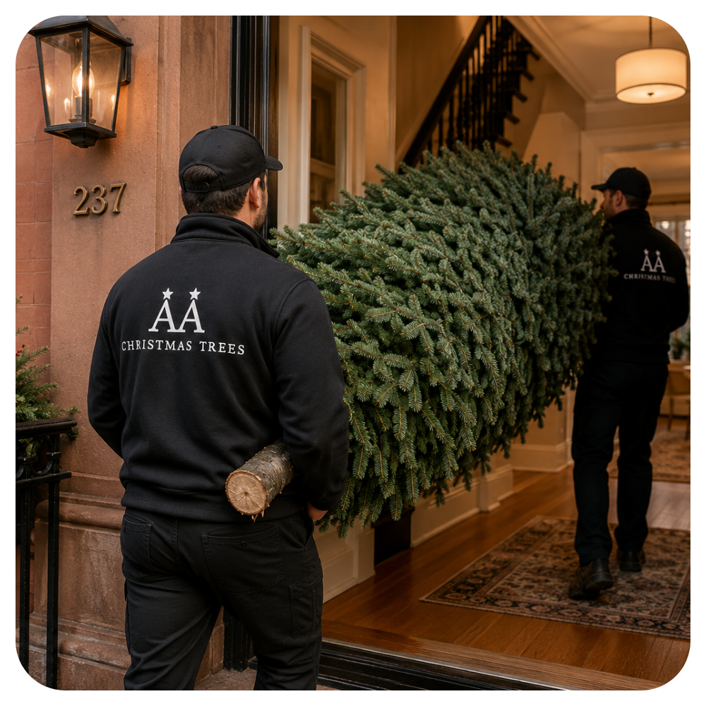 AA Christmas Tree employees delivering a fresh Fraser Fir tree to a Brooklyn NYC resident.