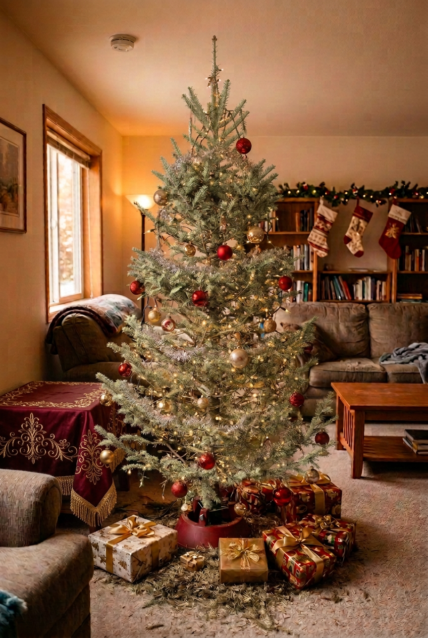 Dry Christmas tree decorated in the middle of the room 