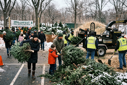 Christmas tree removal during Mulchfest 2025 in NYC
